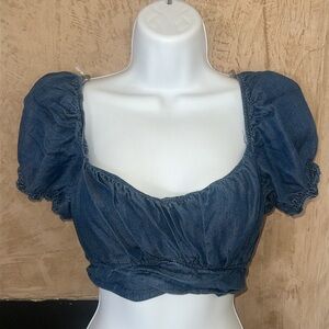 Blashe Denim Puff Sleeve Crop Top with Tie Detail | Size S